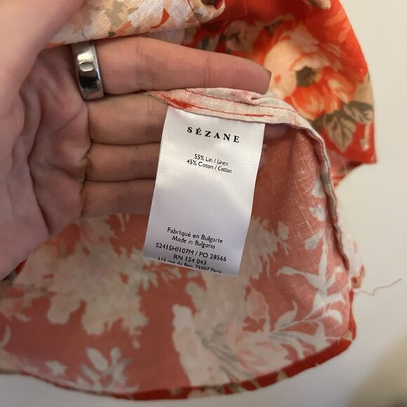 Sezane Kellia Blouse Orange Floral Flowers Linen Puff Sleeve Top 38 US 6 M - Picture 5 of 8